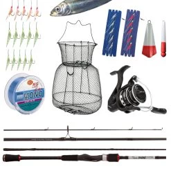 Angelset Hering Gr.XL 11 Teile Rute Rolle Schnur Kescher Vorfach Blei